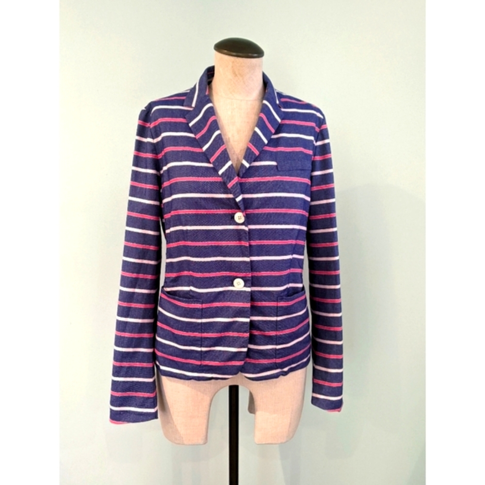 blue button up "academy blazer" with red & pink stripes, size 8
